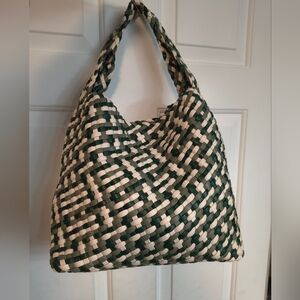 Stylish Vegan Leather Hand Woven Tote Bag Green Cream Handbag Shoulder Purse